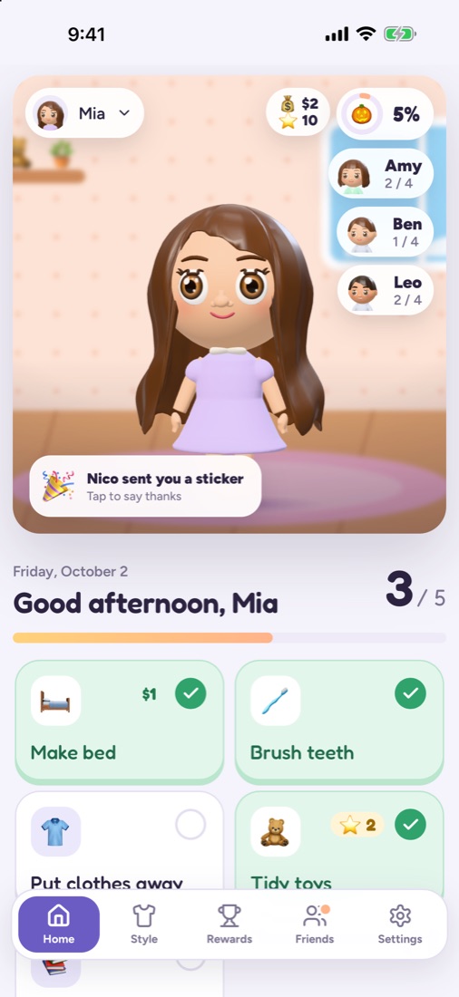 Home screen with Mia's character, today's tasks and family progress