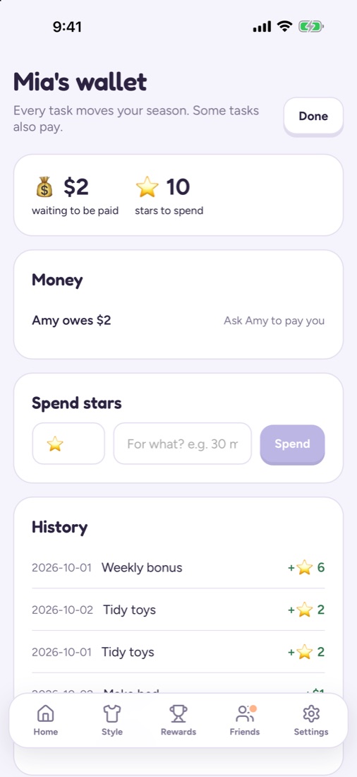 Wallet with money owed and stars to spend